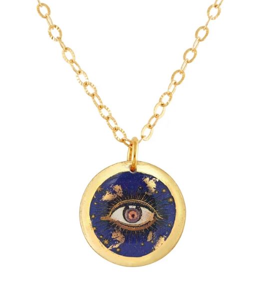 Evocateur Wink pendant with gold leaf on an adjustable 17" to 20" chain.