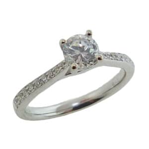 14K white gold engagement ring set with a 0.75ct CZ and accented with 18 round brilliant cut diamonds, 0.17cttw, H, SI1-2. Priced without a center gemstone. Let us find you the perfect center that fits your tastes and budget!