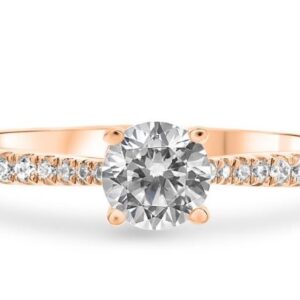 14K Rose gold solitaire engagement ring set in the centre with 0.50ct CZ and accented on the band with 22 claw set very good cut, round brilliant cut diamonds, 0.13cttw, H, SI1-2. Priced without a center gemstone. Let us find you the perfect center that fits your tastes and budget!