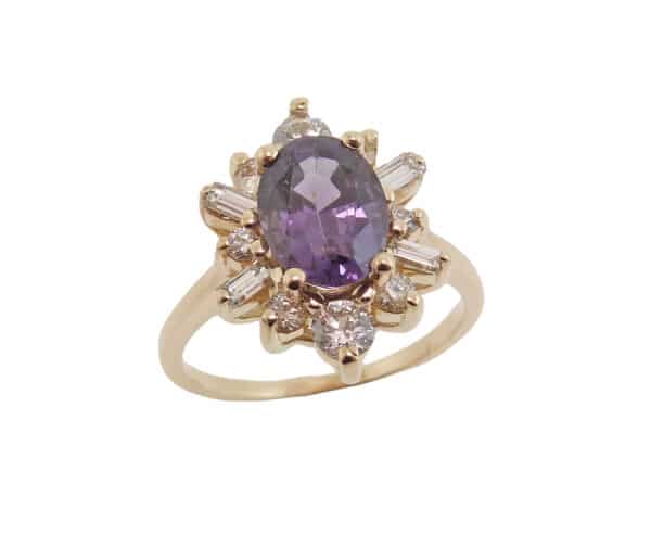 14K Yellow gold lady's coloured gemstone stylized halo lady's ring set with a 2.14 carat purple oval spinel and accented with 12 round brilliant cut diamonds, 0.78cttw, G/H, SI.
