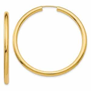 14k yellow gold polished endless tube hoop earrings.  These earrings are 45mm in diameter.