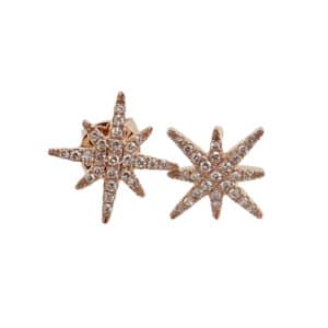 14K rose gold stud earrings set with 50 = 0.12cttw round brilliant cut diamonds.