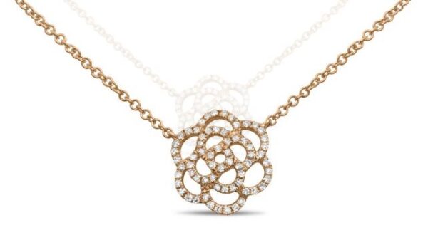 14K rose gold floral diamond necklace set with 66 = 0.14cttw round brilliant cut diamonds.