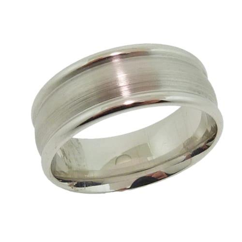 14 Karat white gold domed band with high polish edges and a stainless finish in the center.