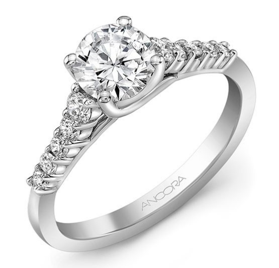 14K White gold Ancora Designs engagement ring for a 0.75ct centre with 10 claw set side diamonds, 0.27cttw, G/H, VS-SI.  Priced without a center gemstone. Let us find you the perfect center that fits your tastes and budget!