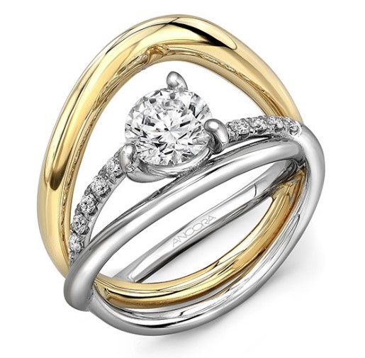 14K White and yellow gold two tone multi band lady's ring by Ancora Designs for a 1.0ct centre with 13 claw set side diamonds, 0.23cttw, G/H, VS-SI.  Available in 14K gold, 18K gold, or platinum. This ring can be made in any combination of white, pink or yellow gold and can be customized to accommodate different size and shape diamonds, by special order. Priced without a center gemstone. Let us find you the perfect center that fits your tastes and budget!