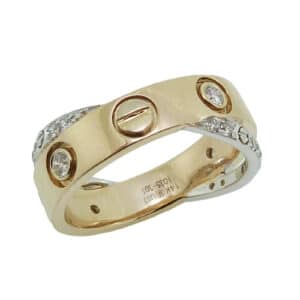 14K Yellow and white gold lady's right hand band with screw detail and accented with flush set diamonds and a diamond accent band, 0.39cttw, G-I, SI+.