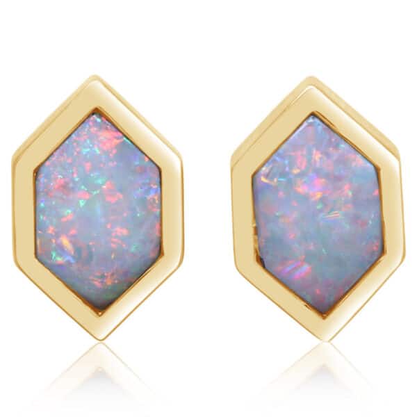 14 karat yellow gold gold earrings bezel set with 2 = 0.66ctw Australian opals.