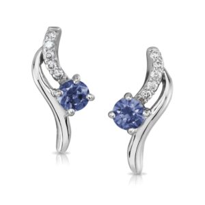 14K white gold stud earrings set with 2 = 1.64cttw sapphires and accented with 10 = 0.08cttw H/I, SI2, round brilliant cut diamonds.