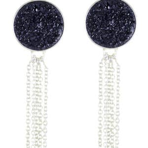 Sterling Silver with 22K gold vermeil earrings set with round black druzy. These dramatic dangly earrings are a part of the Michou collection. 