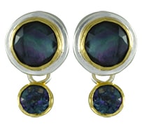 Sterling silver earrings bezel set with crystal quartz and trendy solo topaz. These earrings are accented with 22 karat yellow gold vermeil.