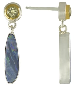 Sterling silver earrings bezel set with lemon quartz and an opal doublet. These earrings are accented with 22 karat yellow gold vermeil.