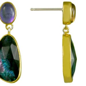Sterling silver earrings bezel set with mystic fire quartz and mother of pearl. These earrings are accented with 22 karat yellow gold vermeil.