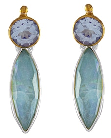 Silver & 22K vermeil amazonite and sky blue topaz drop earrings. These earrings are a part of the Michou collection.