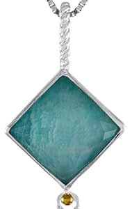 Sterling silver pendant bezel set with an amazonite and a sky blue topaz. This pendant is accented with 22 karat yellow gold vermeil and comes with a sterling silver chain.