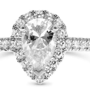 14K White gold engagement ring set with a 7x5 pear shape CZ and 26 round brilliant cut diamonds, 0.51 total carat weight, G/H, VS-SI.