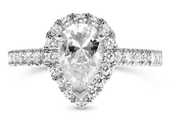 14K White gold engagement ring set with a 7x5 pear shape CZ and 26 round brilliant cut diamonds, 0.51 total carat weight, G/H, VS-SI.