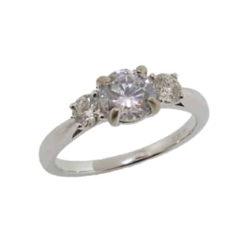 14K White gold engagement ring set with a 5.9mm round CZ and 2 round brilliant diamonds, 0.30 total carat weight, G/H, VS-SI.
