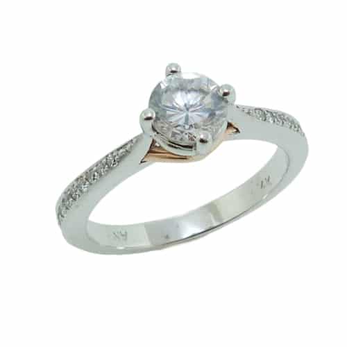 14K White and rose offset centre engagement ring by Ancora Designs for a 0.5ct centre accented with 20 pave set round brilliant cut diamonds, 0.15cttw, G/H, VS-SI.
