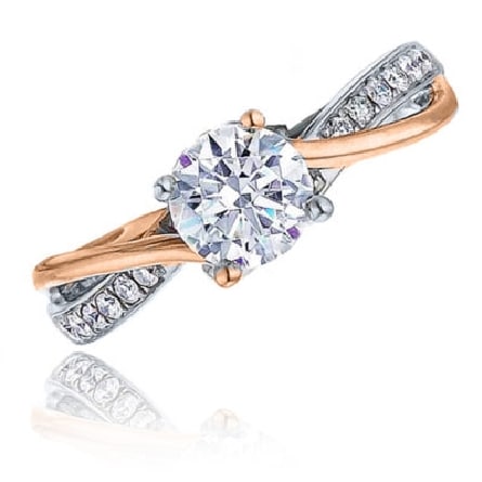 14K Rose and white gold engagement ring by Frederic Sage set in the centre with a 0.50 carat CZ and accented on the band with 14 round brilliant cut diamonds, 0.11 total carat weight, G/H, VS-SI.