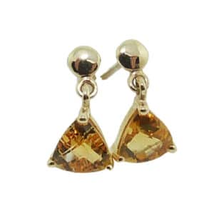 14 karat yellow gold dangle earrings set with two trillion, checkerboard cut citrines totaling 0.80 carats.