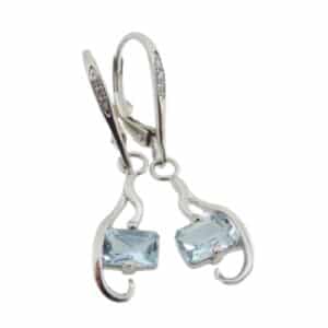 14 karat white gold dangle earrings set with two rectangle aquamarines totaling 1 carat and two round brilliant cut diamonds totaling 0.04 carats.