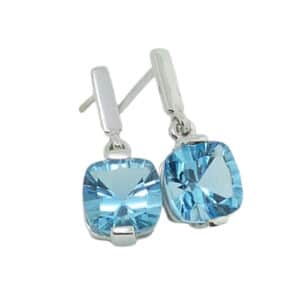 14K White cushion blue topaz drop earrings, 2.50 total carat weight.