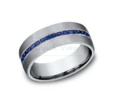 Grey tantalum with satin finish channel set with 20 blue sapphires, totaling 0.40ctyw, 5mm, size 10.