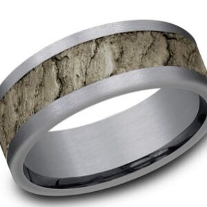 Tantalum grey and bronze with lava rock texture in the center, 8 mm wide, sz 10. 