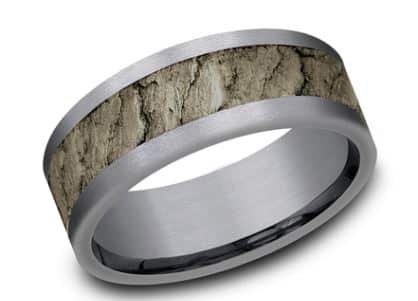 Tantalum grey and bronze with lava rock texture in the center, 8 mm wide, sz 10. 
