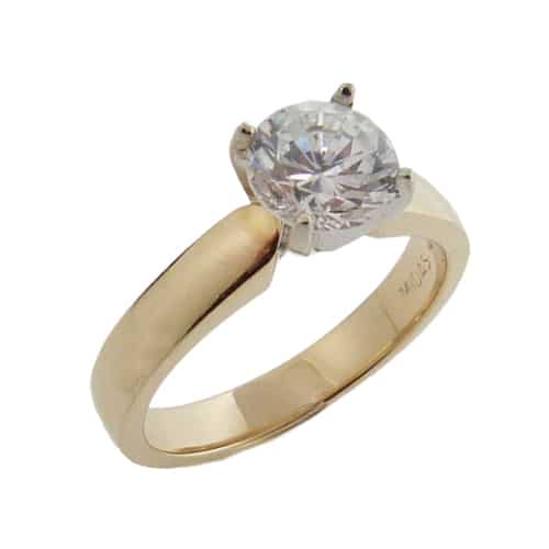 14K yellow and white gold engagement ring set with 1 carat CZ in the center. Available in 14K gold, 18K gold, or platinum. This ring can be made in any combination of white, pink or yellow gold and can be customized to accommodate different size and shape diamonds, by special order. Priced without a center gemstone. Let us find you the perfect center that fits your tastes and budget!