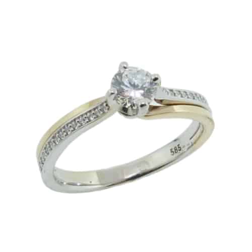 14K White and yellow gold Ancora Designs double row engagement ring set with an offset 0.33 carat CZ and accented on the band with twenty-six pave set round brilliant cut diamonds, 0.07 total carat weight. 