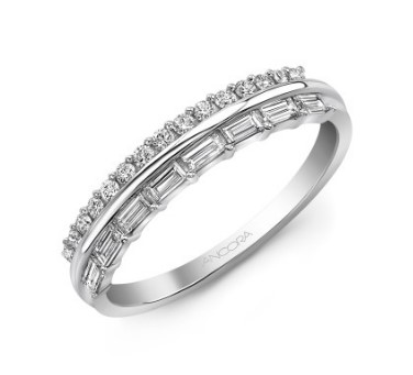 14K white gold diamond illusion stacked band by Ancora Design set with 8 baguettes totaling 0.22 carats and 15 round brilliant cut diamonds totaling 0.14 carats.