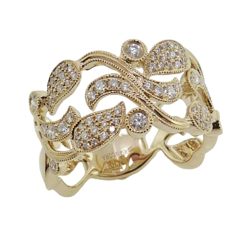 14K Yellow diamond lady's fashion band by Ancora Designs with filigree and milgrain details set with 74 round brilliant cut diamonds, 0.48 total carat weight.