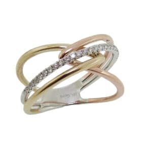 14K White and rose gold lady's diamond fashion ring set with 25 round brilliant cut diamonds, 0.15cttw.