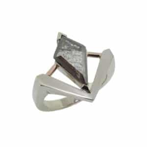 14K White and rose gold custom lady's fashion ring by Studio Tzela set with a unique 0.89 carat salt & pepper diamond slice.