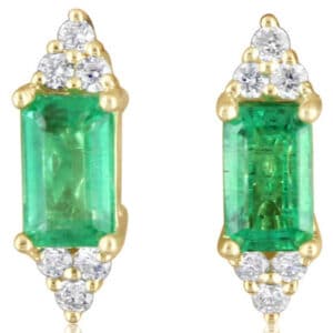 14K Yellow gold stud earrings set with two emerald cut emeralds, 0.60 total carat weight, and accented with twelve round brilliant cut diamonds, 0.084 total carat weight, H/I, SI2.