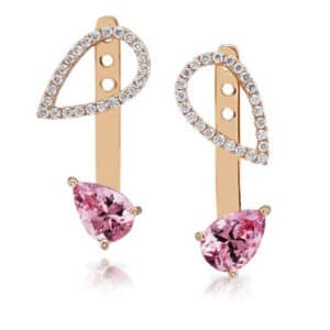 14K Rose gold drop earrings set with 2 pear shape lotus garnets, 2.36cttw, and accented with 48 round brilliant cut diamonds, 0.24cttw, H/I, SI2.