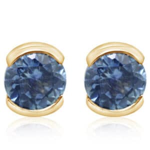 14K Yellow gold stud earrings semi-bezel set with two Montana sapphires, 0.60 total carat weight.