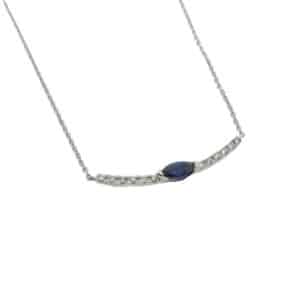 14K White gold curved bar necklace on 18" inch with 16" loop cable chain claw set on the bar with a 0.18 carat marquise blue sapphire and 12 round brilliant cut diamonds, 0.07 total carat weight.