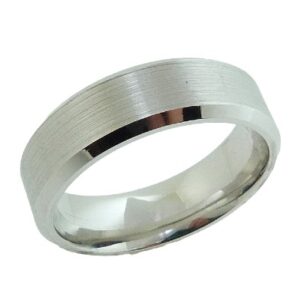 14K White gold 6.5mm band with stainless finish in the center and beveled high polish sides.