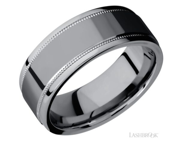 8mm men's tantalum band by Lashbrook Designs with milgrain detail and satin finish in the centre and polished edges. 