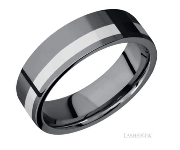 7mm pipestyle tantalum men's band by Lashbrook Designs with an offset 2mm silver stripe in an all-over satin finish.