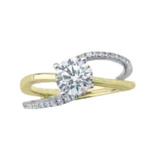 14K Yellow and white gold Sylvie Collection Flavia Split band engagement ring set with 0.75 carat CZ and accented on the band with 0.25 total carat weight round brilliant cut diamonds, G/H, VS-SI.