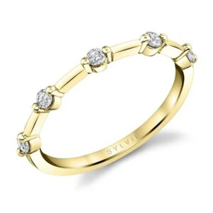 14K Yellow gold Sylvie Collection single prong set lady's diamond band with five round brilliant cut diamonds, 0.16 total carat weight.