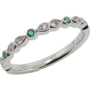 14K White gold "Elena" lady's scalloped band with milgrain detail by Sylvie Collection set with 0.06 total carat weight emeralds and 0.09 total carat weight diamonds.
