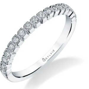 14K White gold lady's diamond band, Olympia by Sylvie Collection, set with 0.15 total carat weight round brilliant cut diamonds.