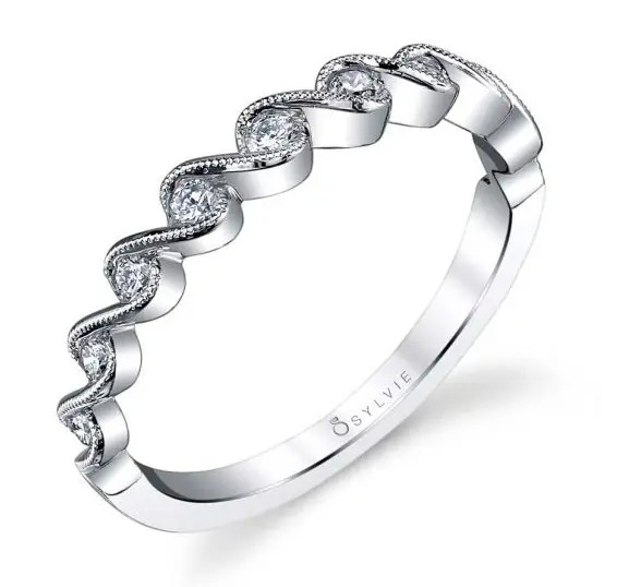 14K White gold milgrain accented Helena diamond band by Sylvie Collection, 0.21 total carat weight.