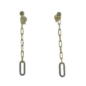 Diamond dangle earrings in 14K yellow gold and set with 36 round brilliant cut diamonds totaling 0.10 carats and two round brilliant cut diamonds totaling 0.06 carats.