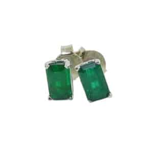 14 karat white gold emerald cut emerald stud earrings, 0.58 total carat weight.
